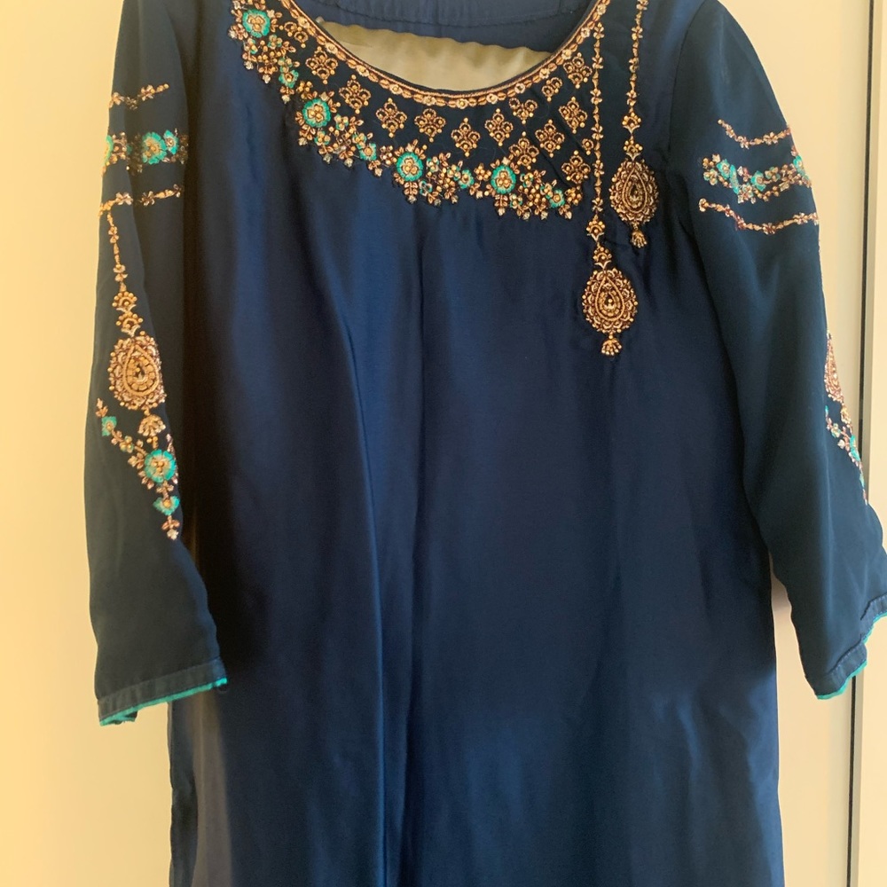 Navy and Gray Salwar Kameez with Kattan Dupatta